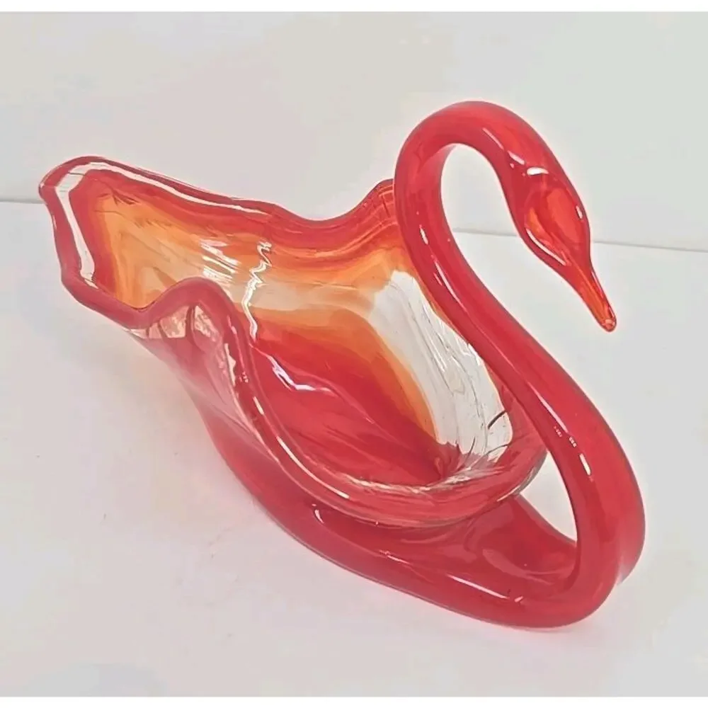 Vintage Large Glass Swan Candy Dish Orange Swirl Hand‎ Blown MSC1